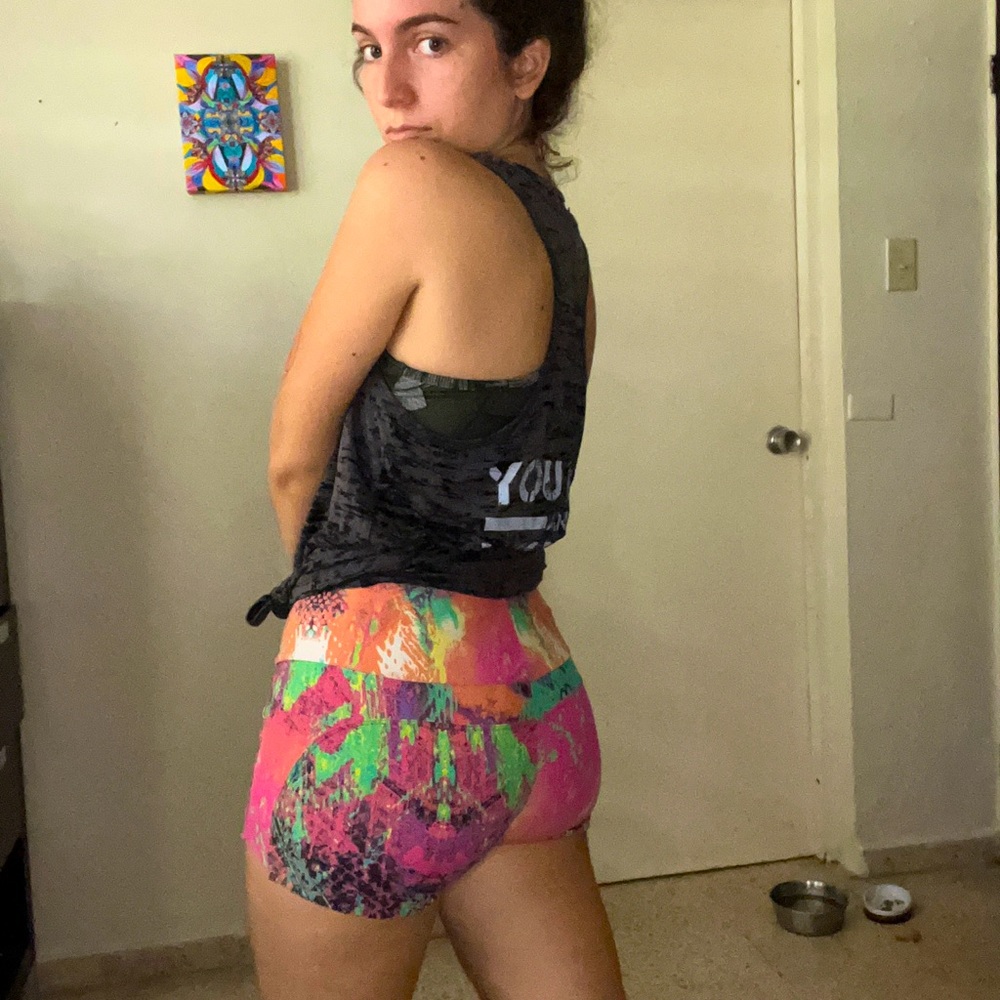 Super flattering upcycled rainbow workout shorts